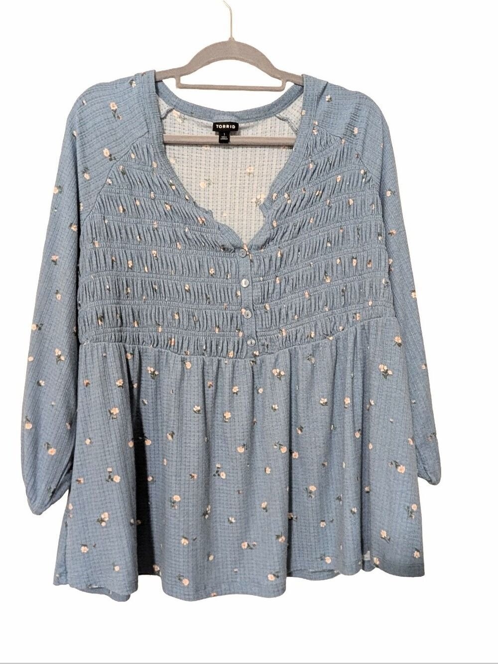 Torrid Dusty Blue Floral Smocked Tunic - Picture 2 of 5